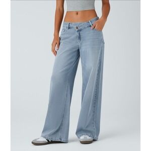 Halara Flex Asymmetric Low Rise Wide Leg Baggy Stretch Jeans Light Blue Size XL